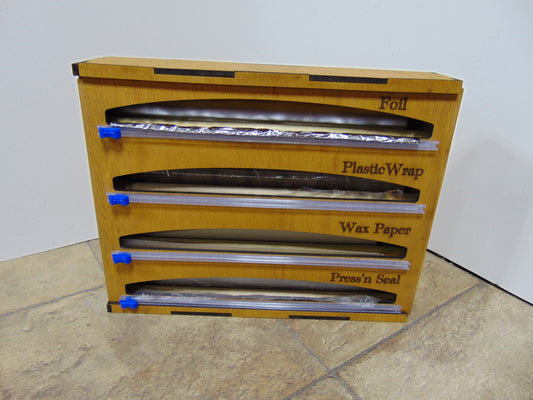 4 in 1 Wrap Organizer with Cutter and Labeled, Plastic Wrap, Aluminum Foil, Wax Paper, and Press’n Seal Dispenser for Kitchen Storage Organization Holder for 12" Roll