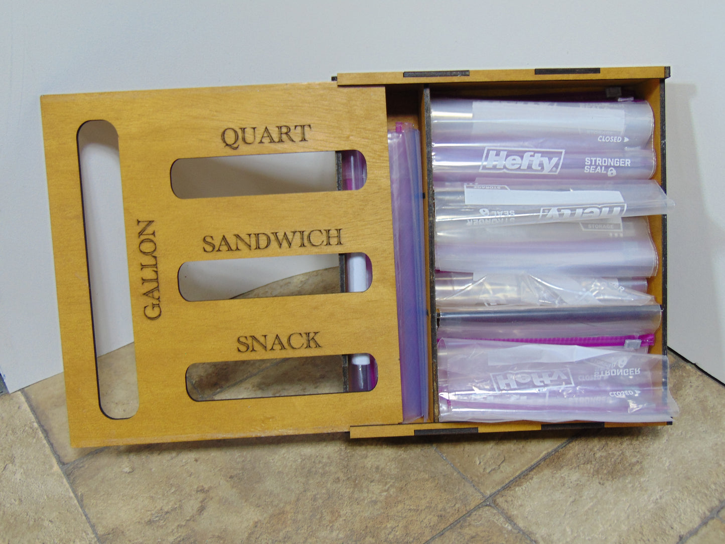 Organizer for Ziplock Bags with Sliding Lid, For Kitchen Drawer Storage – 4 Slot Holder for Gallon, Quart, Sandwich & Snack Bags